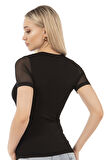 Özkan 26981 Kadın Premium Yumuşak Rahat Kumaş Ring Viskon Slim Fit Bisiklet Yaka Tül Detaylı Kısa Kollu Örme Bluz