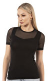 Özkan 26981 Kadın Premium Yumuşak Rahat Kumaş Ring Viskon Slim Fit Bisiklet Yaka Tül Detaylı Kısa Kollu Örme Bluz