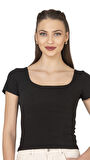 Özkan 27419 Kadın Pamuklu Rahat Kısa Kollu Süprem Kumaş Kare Yaka Crop T-Shirt