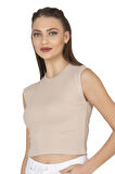 Özkan 27414 Kadın Pamuklu Fitilli Kaşkorse Düşük Kol Bisiklet Yaka Crop T-Shirt Bluz