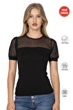 Özkan 27680 Kadın Premium Kumaş Ring Viskon Kısa Kollu T-Shirt Bluz Bisiklet Yaka Tül Detaylı