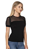 Özkan 27680 Kadın Premium Kumaş Ring Viskon Kısa Kollu T-Shirt Bluz Bisiklet Yaka Tül Detaylı