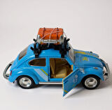 Klasik Işıklı Sesli Metal Araba - Mavi Valizli Retro Beetle - 15 cm