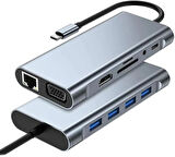 Kuzey's Store Macbook Pro Air ile Uyumlu Type-c Çevirici Dönüştürücü Çoklayıcı Pd Şarj Hdmı Sd Network Vga Girişli 11 In 1