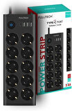  Kuzey's Store Type-C Port Girişli Akım Korumalı 10'lu Priz, 3 USB, 1 Type-C Giriş, Isıya Dayanıklı, FTR-14 Grup Priz, Çoklu Uzatma Kablo (SİYAH)