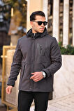 Outdoor Kapüşonlu Su Ve Rüzgar Geçirmez Kapitone Içi Kürklü Elyaf Dolgulu Şişme Gri Softshell Mont