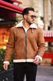 Erkek Napa Deri Içi Full Kürklü Yüksek Kalite Slim Fit Taba Mont & Ceket