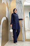 Taş Baskı Desenli Tunik Pantolon Takım 8447 Lacivert