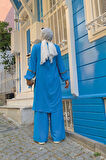 Taş İşleme Detaylı Pantolonlu Tunik Takım 8464 Mavi
