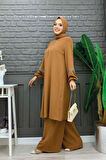 Taş İşleme Detaylı Pantolonlu Tunik Takım 8464 Taba
