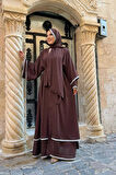 Taş İşlemeli Kat Detay Şallı Abaya 7883 Kahverengi