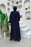 Bel Bilek Kısımları Taşlı Elbiseli Abaya Takım 8490 Lacivert