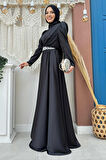 Taşlı Kemer Akseuarlı Saten Abiye Elbise 3863 Siyah