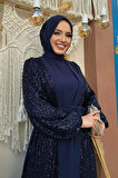 Pulpayet İşlemeli Abaya ve Elbise Takım 8483 Lacivert