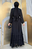 Pulpayet İşlemeli Abaya ve Elbise Takım 8483 Siyah
