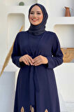 Etek Kısmı Desenli Elbiseli Abaya Takım 8495 Lacivert