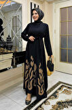 Etek Kısmı Desenli Elbiseli Abaya Takım 8495 Siyah