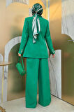 Düğme Detay Blazer Ceket Bol Pantolon Takım 8302 Yeşil