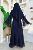 Dantel İşleme Detay Kuşaklı Şifon Abaya 7886 Lacivert
