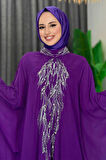 Pul Payet İşlemeli Şifon Pelerinli Elbiseli Abiye Takım 3774 Mor