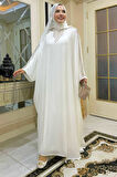 Taş İşlemeli Elbiseli Abaya Takım 8499 Ekru