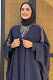 Taş İşlemeli Elbiseli Abaya Takım 8499 Lacivert