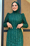 Bym Fashion Çiçek Desenli Simli Tül Abiye Elbise 1108 Zümrüt
