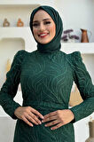 Bym Fashion Dal Desenli Simli Tül Abiye Elbise 1140 Zümrüt