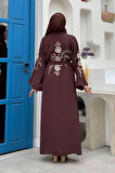 Nakış İşleme Detaylı Bel Kuşaklı Abaya 7898 Kahverengi