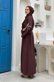 Nakış İşleme Detaylı Bel Kuşaklı Abaya 7898 Kahverengi