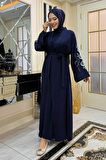 Nakış İşleme Detaylı Bel Kuşaklı Abaya 7898 Lacivert