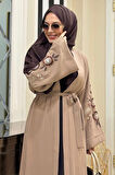 Nakış İşleme Detaylı Bel Kuşaklı Abaya 7898 Vizon