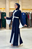 Nakış İşleme Detaylı Bel Kuşaklı Abaya 7901 Lacivert