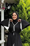 Nakış İşleme Detaylı Bel Kuşaklı Abaya 7901 Siyah