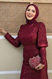 Bym Fashion Kemer Aksesuarlı Pul Payet Balık Abiye Elbise 3858 Bordo