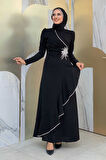 Bel Kısmı Taş İşlemeli Fırfır Görünümlü Elbise 3894 Siyah