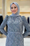Dal Desenli Simli Tül Büyük Beden Abiye Elbise 1140-1 Gri
