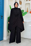 Şal Yaka Verevli Asimetrik Kesim Pantolon Tunik Takım 8552 Siyah
