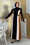 Bel Kuşaklı Üç Renk Elbise 3901 Siyah