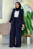 Düğme Detay Blazer Ceket Bol Pantolon Takım 8302 Lacivert