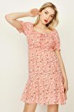 Kadın Çiçek Desenli Beşgen Yaka Balon Kollu Mini Elbise