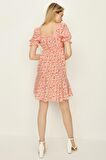 Kadın Çiçek Desenli Beşgen Yaka Balon Kollu Mini Elbise