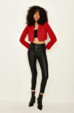 Kadın Tek Düğme Kapamalı Crop Blazer Ceket