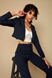Kadın Tek Düğme Kapamalı Crop Blazer Ceket