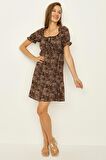 Kadın Leopar Desen Kare Yaka Balon Kollu Mini Elbise