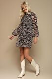 Kadın Leopar Desenli Balon Kollu Şifon Elbise