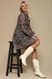 Kadın Leopar Desenli Balon Kollu Şifon Elbise