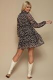 Kadın Leopar Desenli Balon Kollu Şifon Elbise