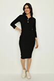 Kadın Düğme Detaylı Midi Örme Elbise