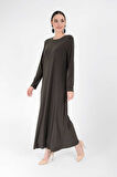 Büyük Beden Düz Bisklet Yaka Uzun Kol İç Sandy Elbise 3202-1 Haki